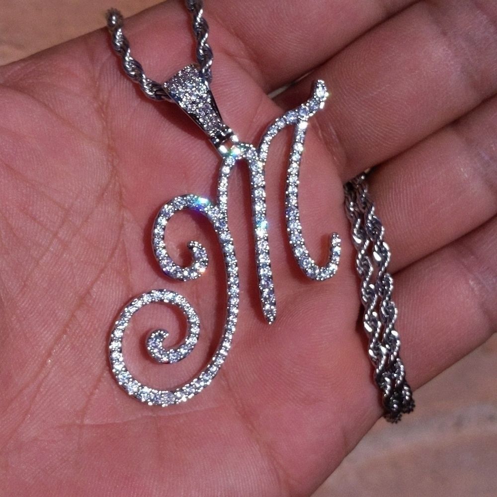 18"Rope Chain - White Finish Cursive Initial M. - image 8